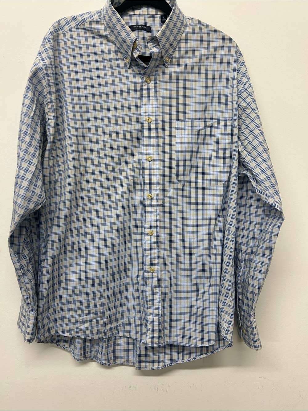 Burberry Blue and White Plaid Button-Down Dress Shirt